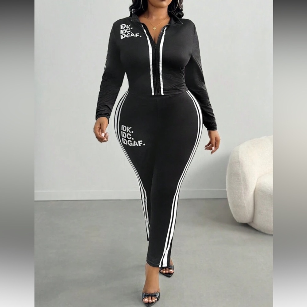 SHEIN Black and White IDGAF SEXY  Fitted Cropped Zipper Jacket Matching Leggings